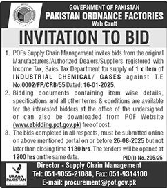 Pakistan Ordnance Factories Wah Cantt Tender Notice